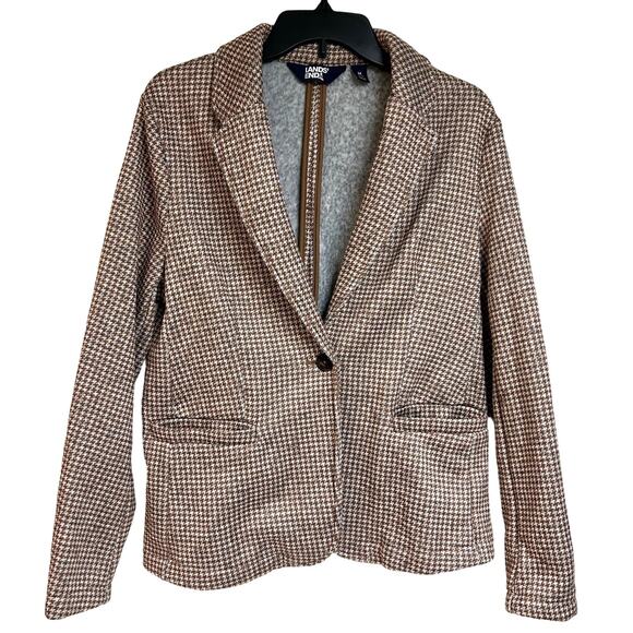Lands End Womens Fleece Lined Brown Houndstooth Blazer Warm Office Career Size M